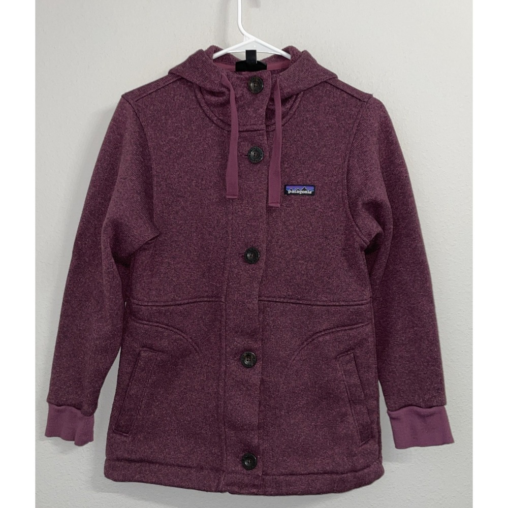 PATAGONIA ~ WOMENS EXTRA SMALL ~ PURPLE BUTTON UP HOODED SWEATER JACKET COAT